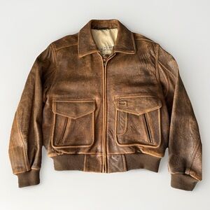 Vintage Leather Jacket Bomber Aviator Brown Leather 80s 90s Distressed Coat L 42
